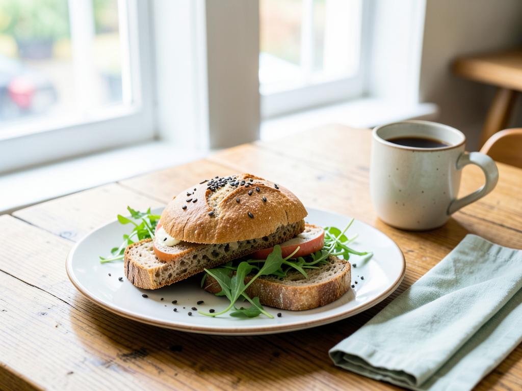 En färsk macka och kaffe på cafébord